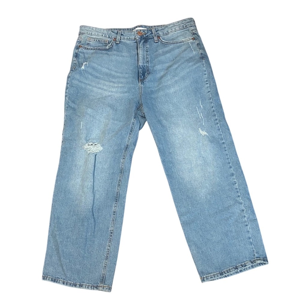 LC Lauren Conrad Womens High Rise Crop Wide Leg Distressed Blue Jeans Size 14